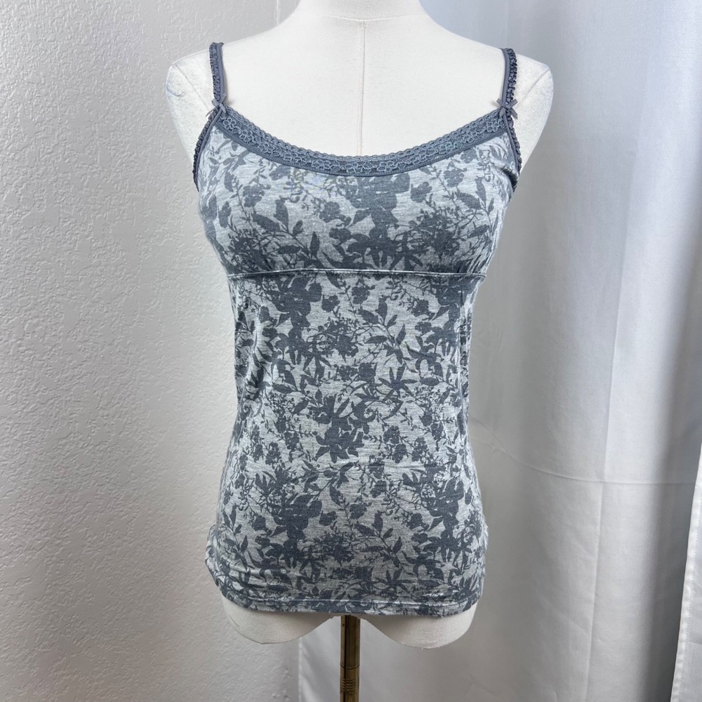 Y2K Aerie Tank Top Womens Medium Gray Floral Babydoll Cami Fairygrunge Coquette
